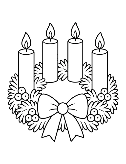 Advent wreath with four lit candles, pine branches, berries and a bow, coloring page