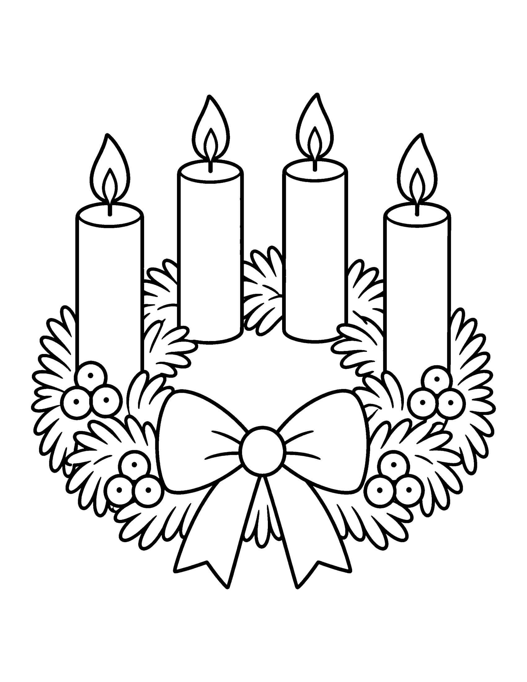 Advent wreath with four lit candles, pine branches, berries and a bow, coloring page