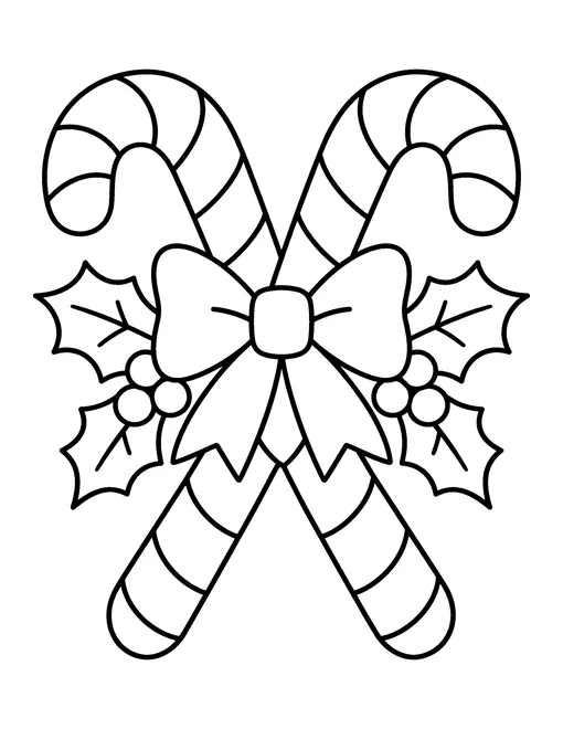 Two striped candy canes crossed and tied with a bow, with holly leaves and berries, coloring page