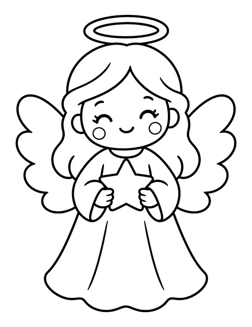Smiling Christmas angel with wings and a halo holding a star, coloring page