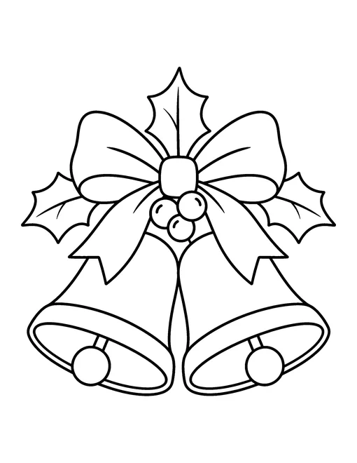 Two Christmas bells tied with a ribbon bow and holly leaves, coloring page