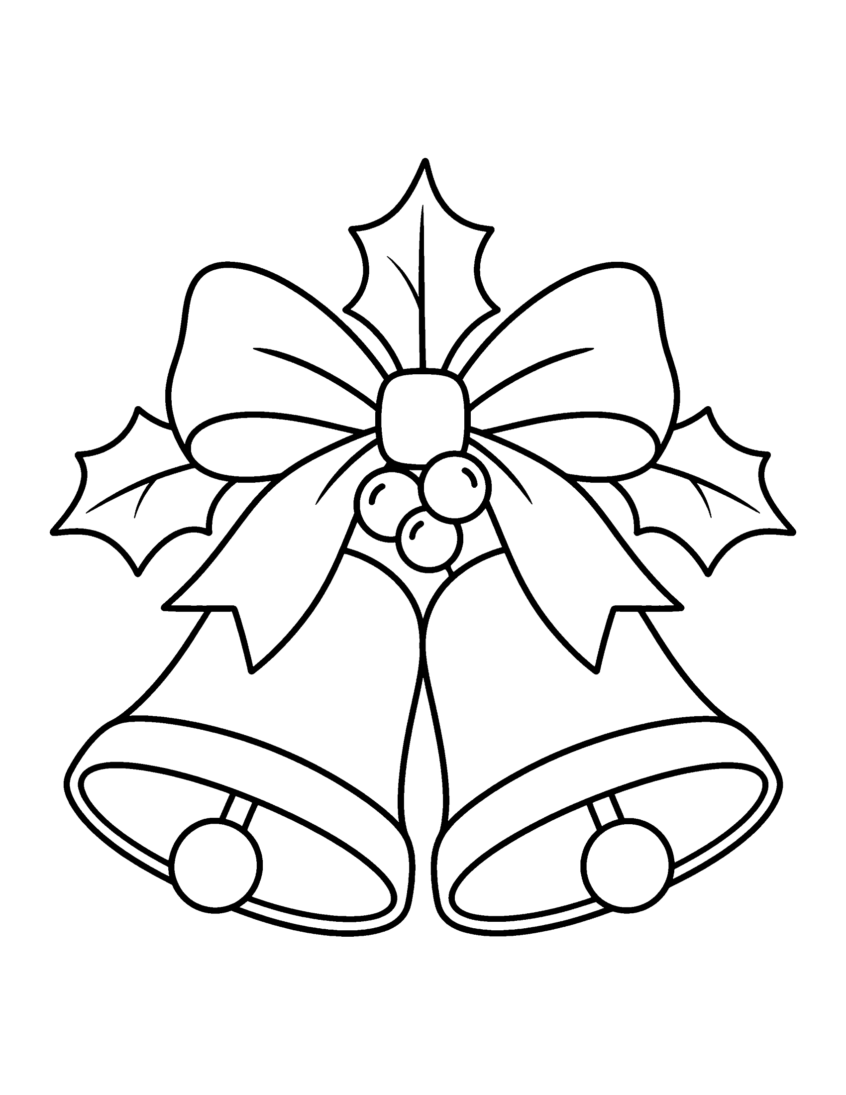 Two Christmas bells tied with a ribbon bow and holly leaves, coloring page