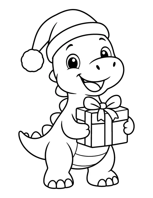 Cute baby dinosaur wearing a Santa hat and holding a wrapped present, coloring page