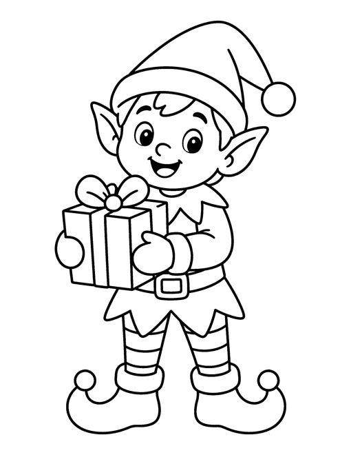 Smiling Christmas elf with pointed ears and curly shoes holding a wrapped present, coloring page