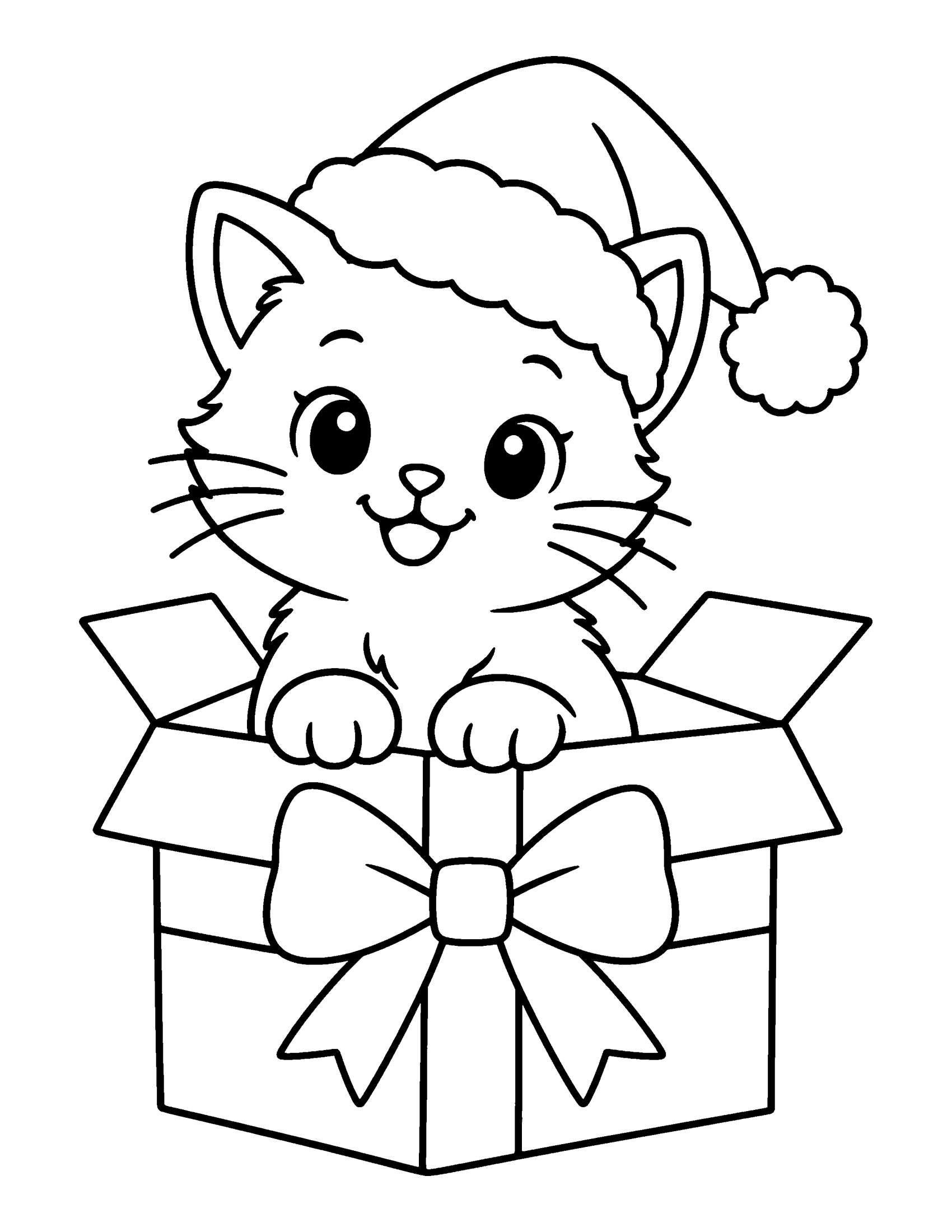 Kitten wearing a Santa hat peeking out of an open gift box with a bow, coloring page
