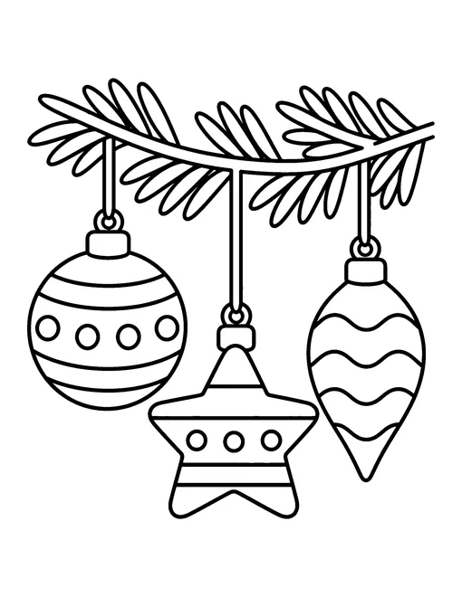 Three Christmas ornaments, a bauble, a star and a teardrop, hanging from a pine branch, coloring page