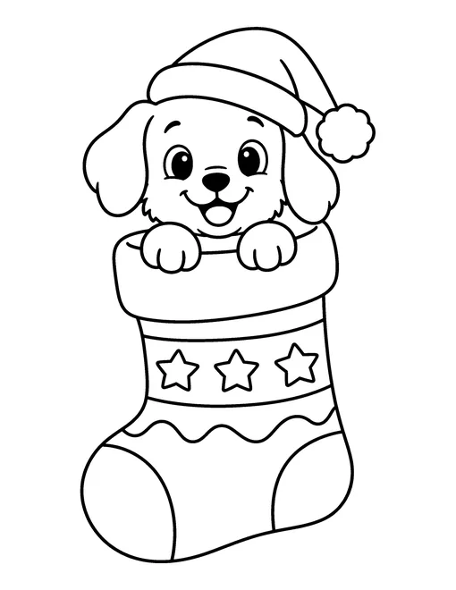 Puppy wearing a Santa hat peeking out of a Christmas stocking with stars, coloring page