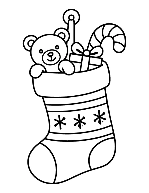 Christmas stocking with a teddy bear, a candy cane and a present inside, coloring page