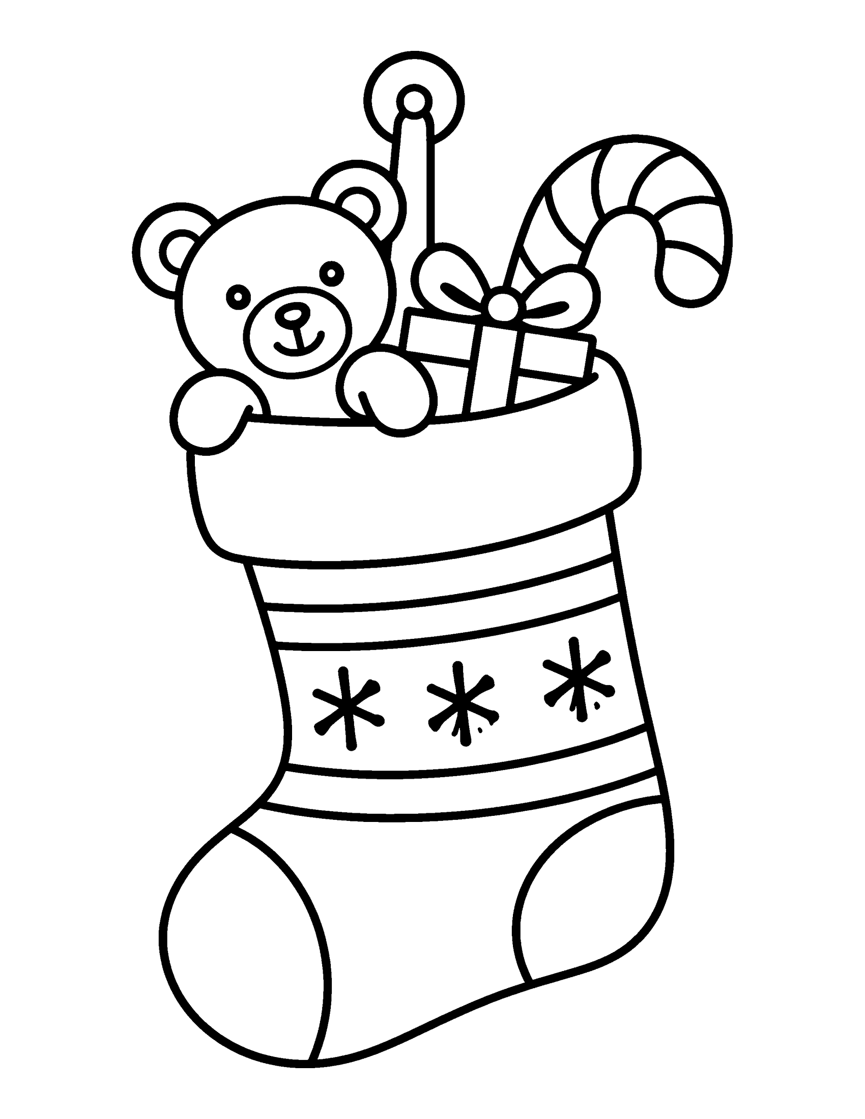 Christmas stocking with a teddy bear, a candy cane and a present inside, coloring page