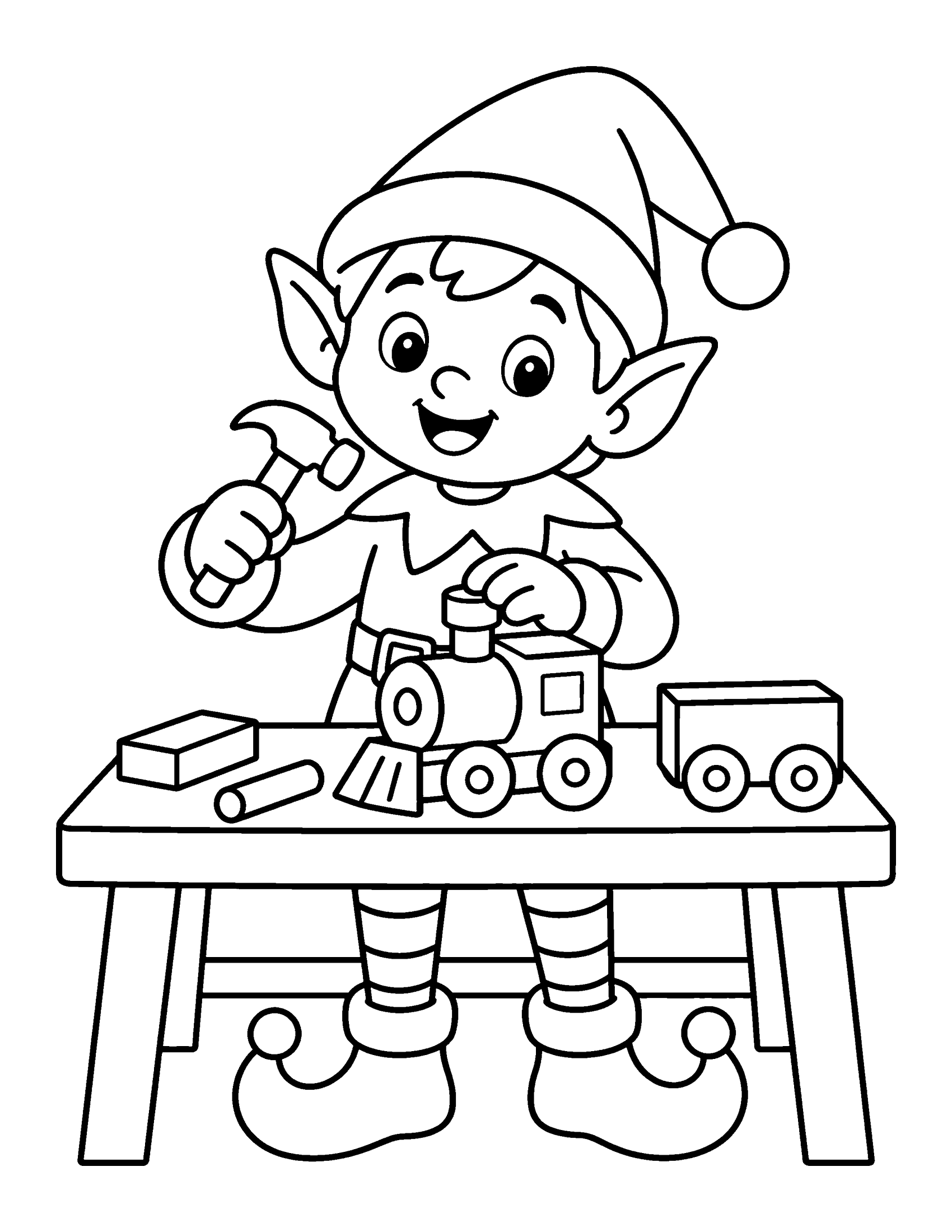 Christmas elf at a workbench with a hammer, building a wooden toy train, coloring page