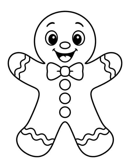 Smiling gingerbread man with a bow tie, three buttons and icing trim, coloring page