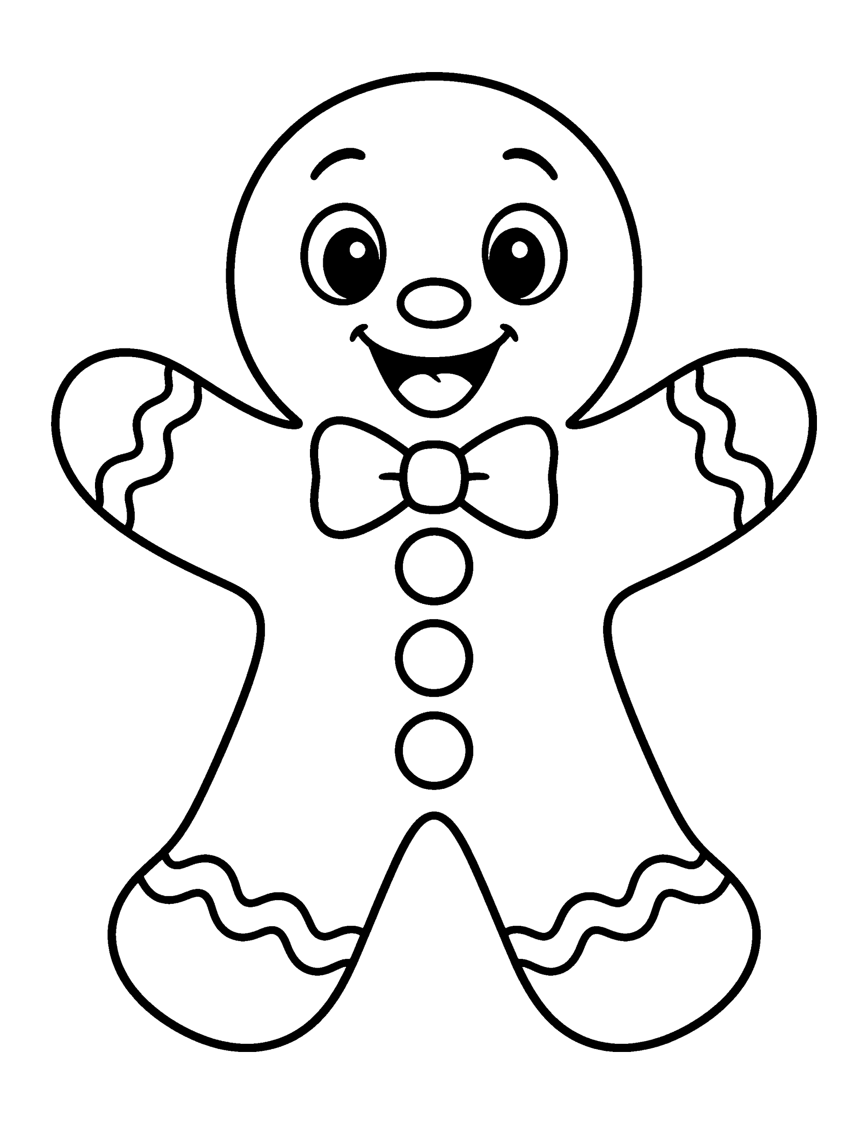 Smiling gingerbread man with a bow tie, three buttons and icing trim, coloring page