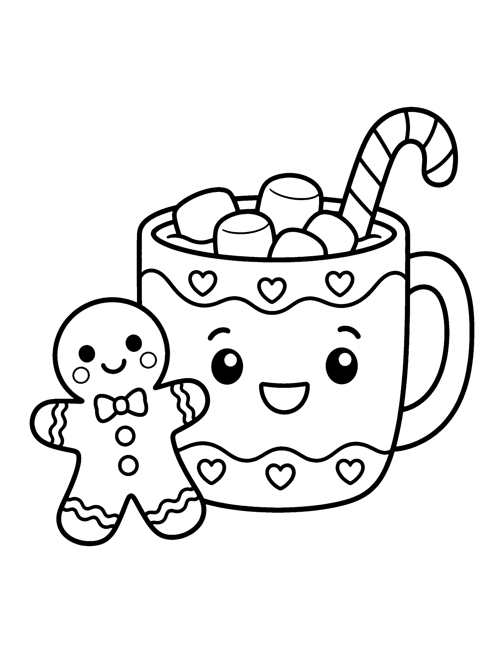 Smiling mug of hot cocoa with marshmallows and a candy cane next to a small gingerbread man, coloring page