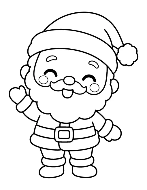 Small kawaii Santa Claus with rosy cheeks and closed smiling eyes, waving, coloring page