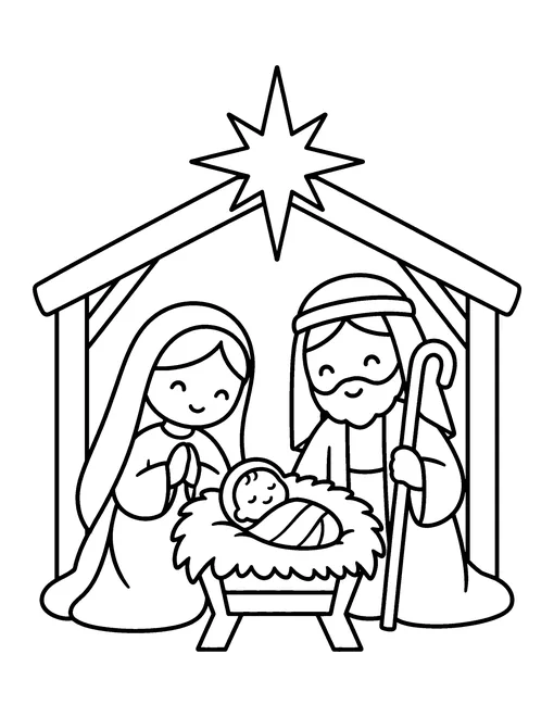 Nativity scene with Mary, Joseph and baby Jesus in a manger under a star, coloring page