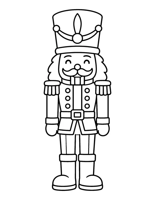 Toy nutcracker soldier with a tall hat, moustache and buttoned uniform, coloring page