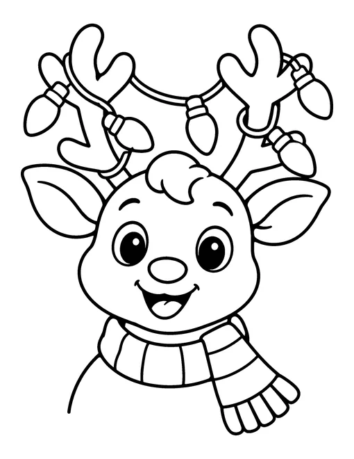 Happy reindeer wearing a scarf with a string of Christmas light bulbs in its antlers, coloring page