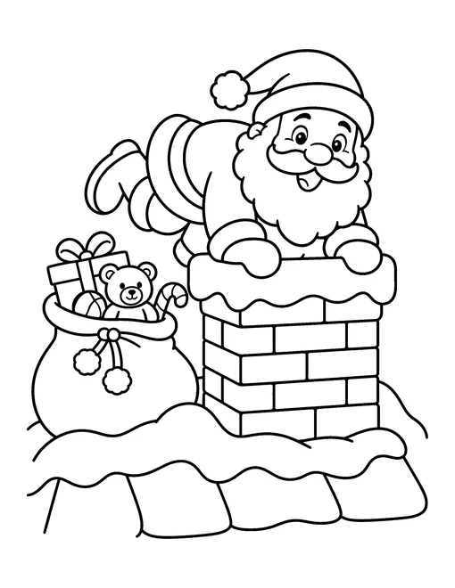 Santa Claus climbing into a brick chimney on a snowy roof next to a sack of toys, coloring page