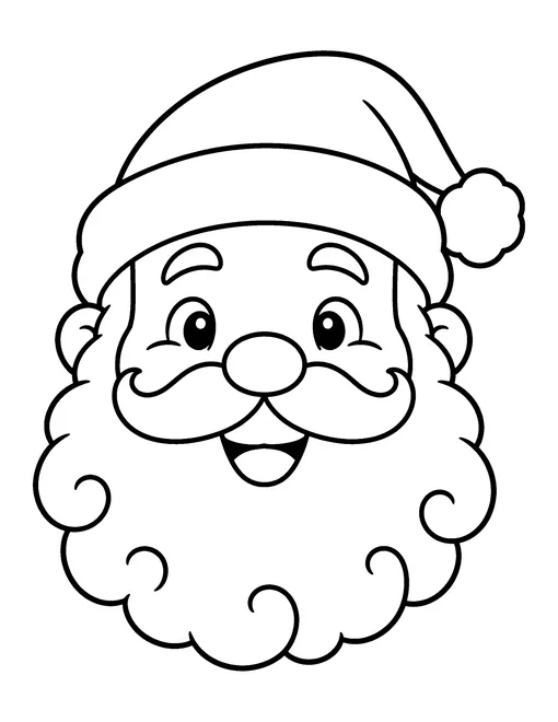 Smiling Santa Claus face with a curly beard, moustache and Santa hat, coloring page