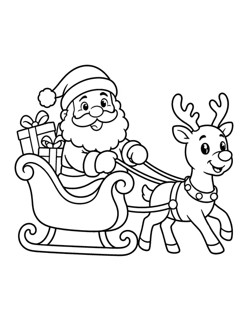 Santa Claus in a sleigh with presents, pulled by a smiling reindeer, coloring page