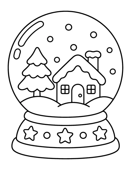 Snow globe with a small house, a pine tree and falling snow on a base with stars, coloring page