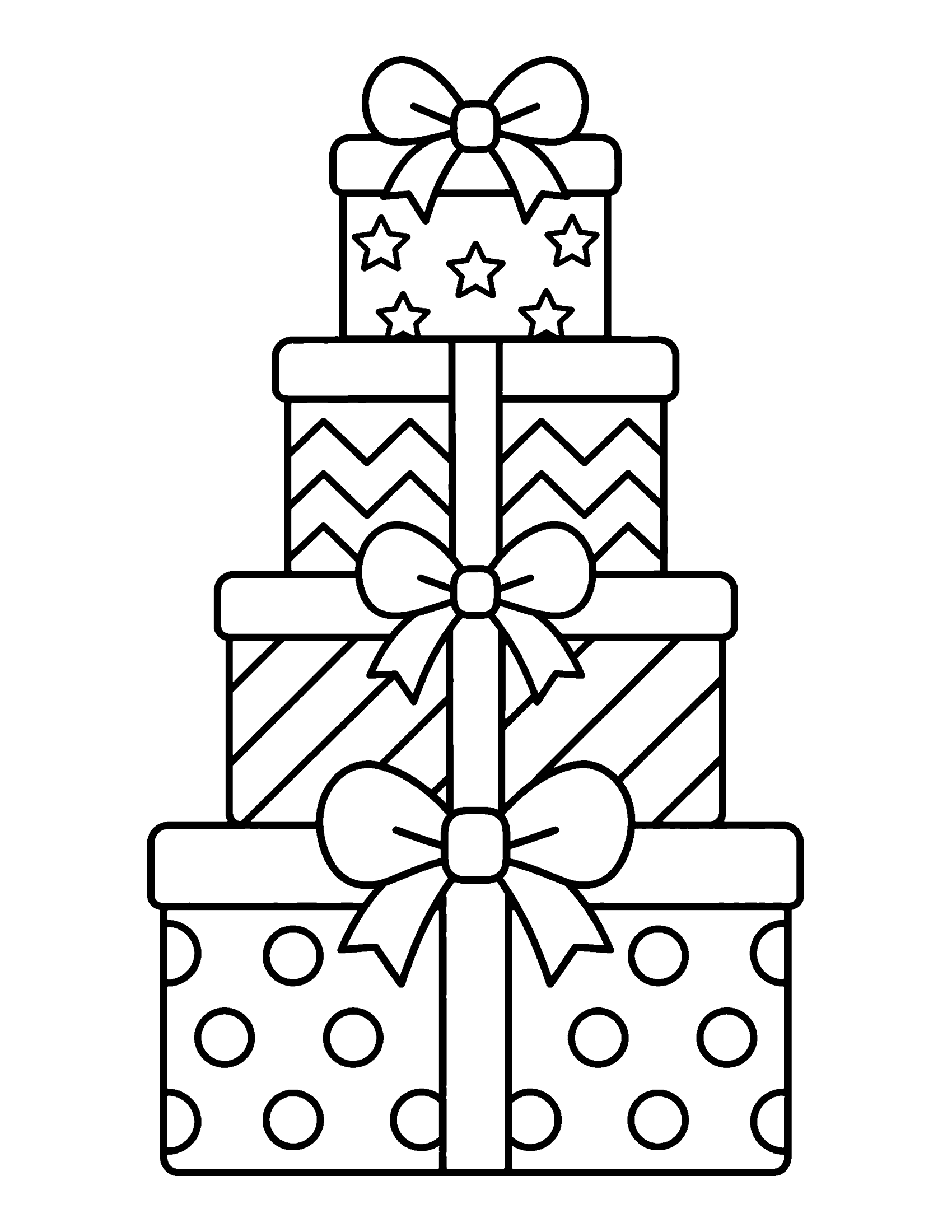 Stack of four wrapped Christmas presents with bows and patterns, coloring page
