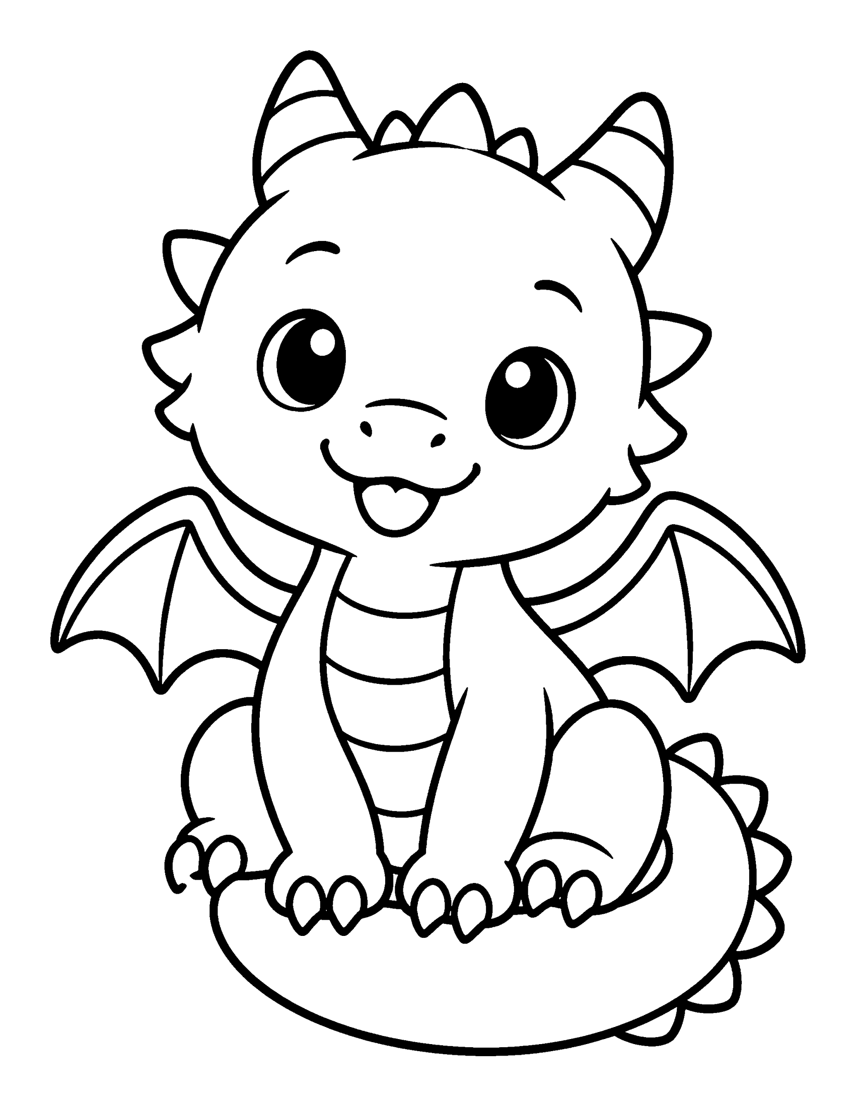 Friendly baby dragon with small wings and horns sitting on its curled tail, coloring page