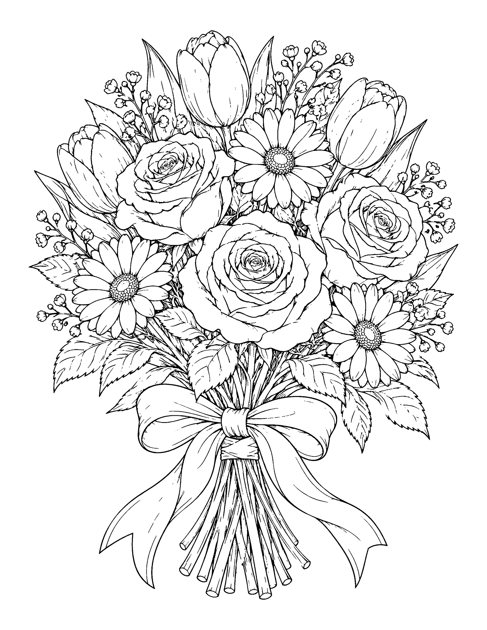 Detailed bouquet of roses, tulips and daisies tied with a ribbon bow, coloring page for adults